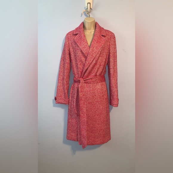 Express pink white tweed long belted car coat Chic size small open front wool - Picture 2 of 10